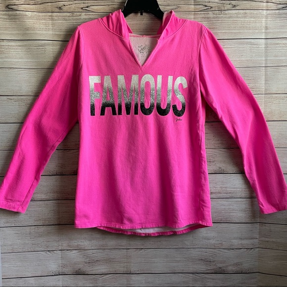 💕Justice sweatshirt Girls Size 18 Neon Pink Sparkle Famous Hooded Long sleeve - Picture 2 of 8